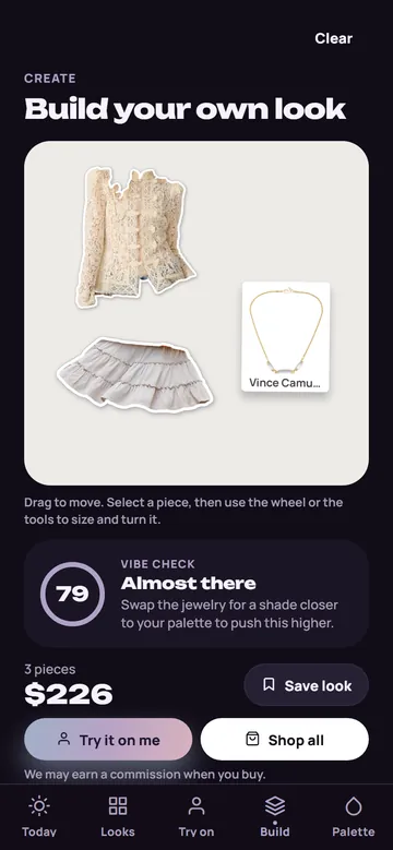 App screen: the outfit builder board with cut out pieces and a polaroid style photo of a necklace