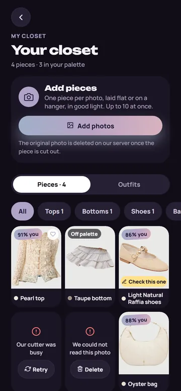 App screen: My closet with cut out pieces, palette badges and a Check this one hint