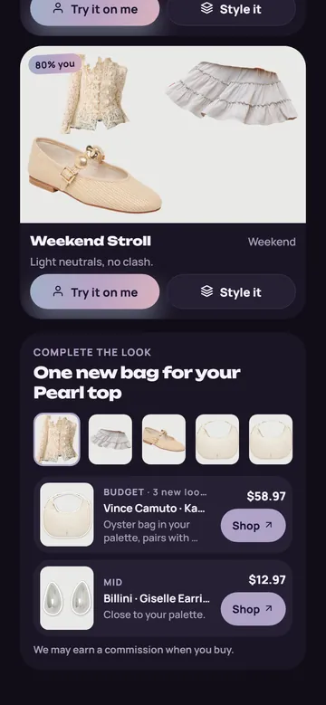 App screen: closet outfits and a Complete the look card with three bags in different price levels