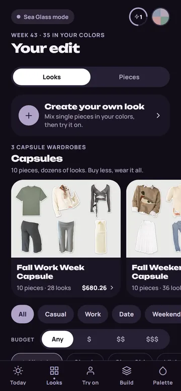 App screen: Your edit with Looks and Pieces tabs, capsule wardrobes and occasion filters