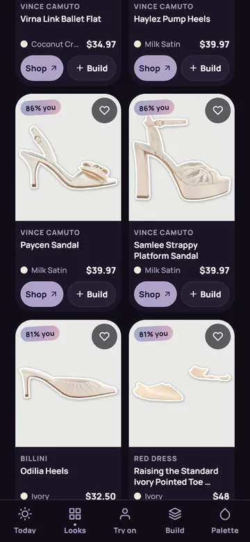 App screen: single pieces filtered to shoes on a budget, each with a match sticker, price, Shop and Build buttons