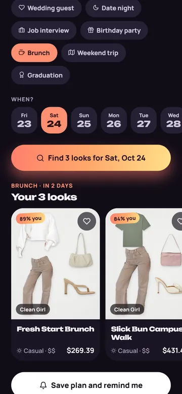 App screen: the occasion planner with Brunch on Saturday and three looks in her colors, 89, 84 and 83 percent matches