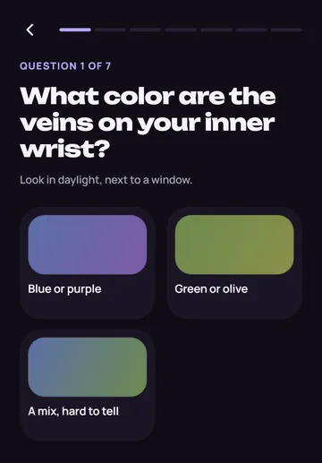 App screen: quiz question asking what color the veins on your inner wrist are, with three color answers