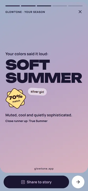 App screen: the season reveal card saying Soft Summer, 70 percent match, close runner up True Summer