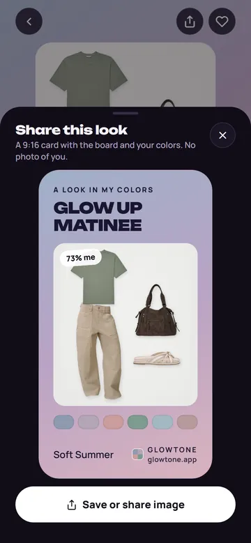App screen: a share card with an outfit board, the season name and the Glowtone logo