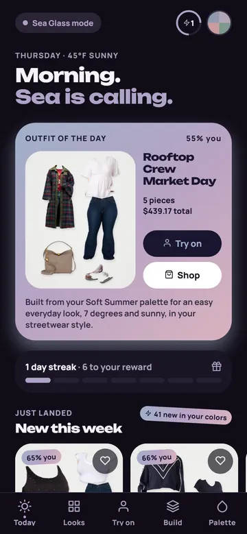 App screen: Today with the outfit of the day, a streak and new looks this week