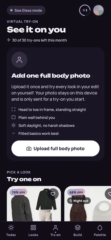 App screen: virtual try-on asking for one full body photo, with looks to try