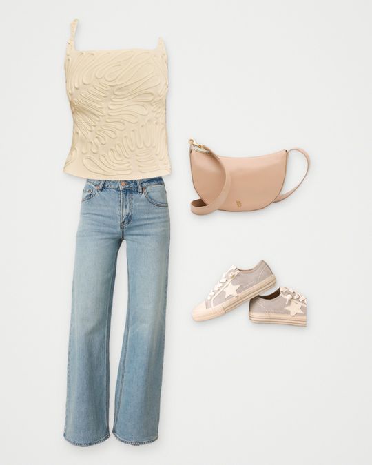 Outfit board: A cream embossed cami, light wide jeans, a blush half-moon bag and star sneakers