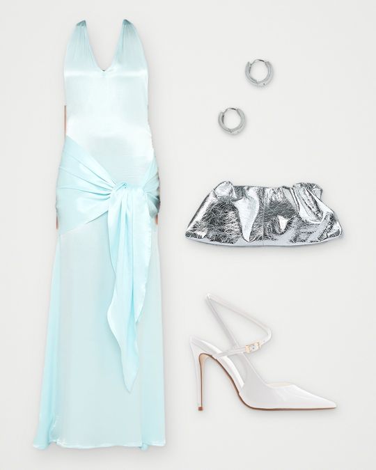 Outfit board: An aqua satin maxi dress, a silver clutch, hoop earrings and white strappy heels