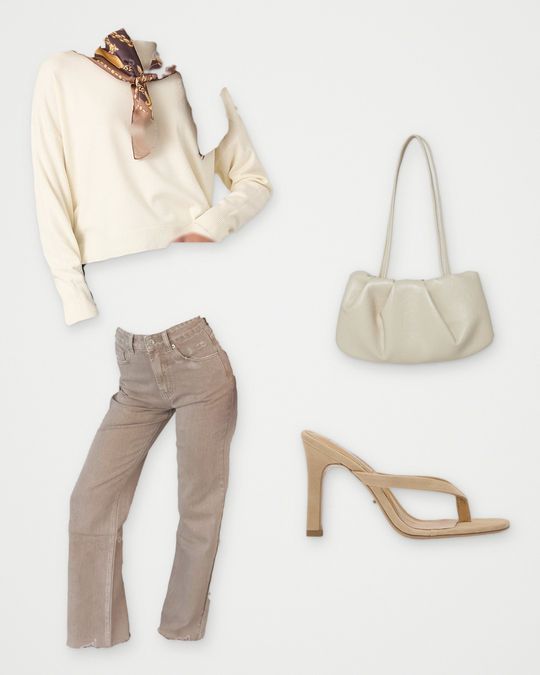 Outfit board: A cream sweater with a scarf, khaki jeans, a cream bag and a nude heeled sandal