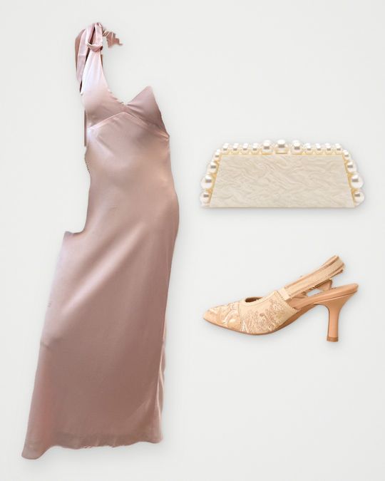 Outfit board: A dusty rose satin halter maxi dress, a pearl clutch and slingback heels