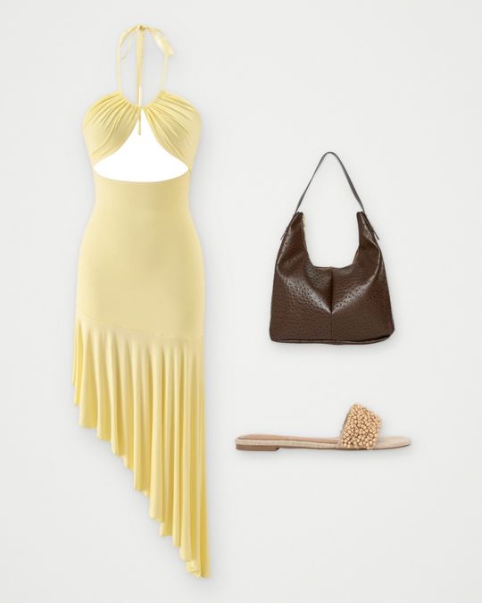 Outfit board: A yellow asymmetrical halter dress, a brown croc hobo bag and a beaded slide