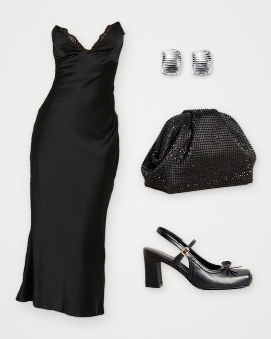 Outfit board: A black satin slip midi dress, silver earrings, a rhinestone clutch and Mary Jane heels